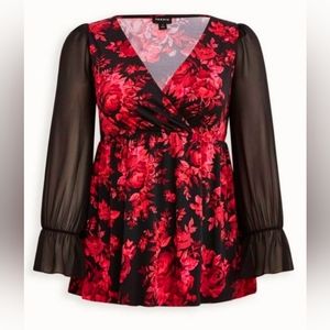 Babydoll Studio Knit Chiffon Sleeves Surplice Top